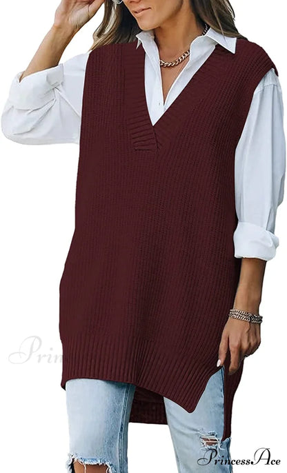 Women’s Oversized V Neck Knit Sweater Vest Tunic Sleeveless Pullover Top 1-Red / Large Sweaters-L