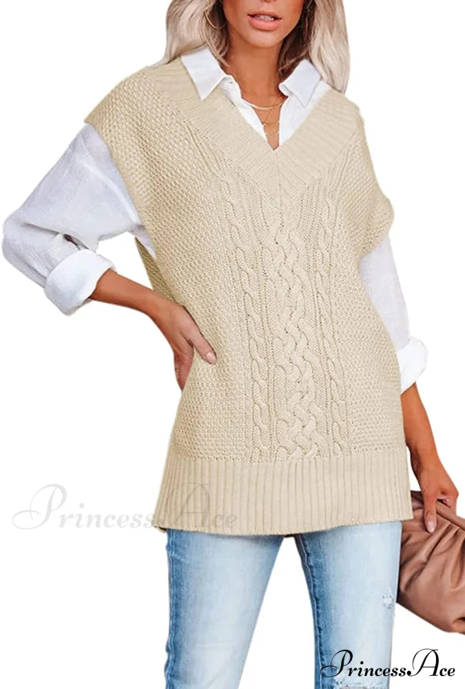 Women’s Oversized V Neck Knit Sweater Vest Tunic Sleeveless Pullover Top 2-Apricot / Large