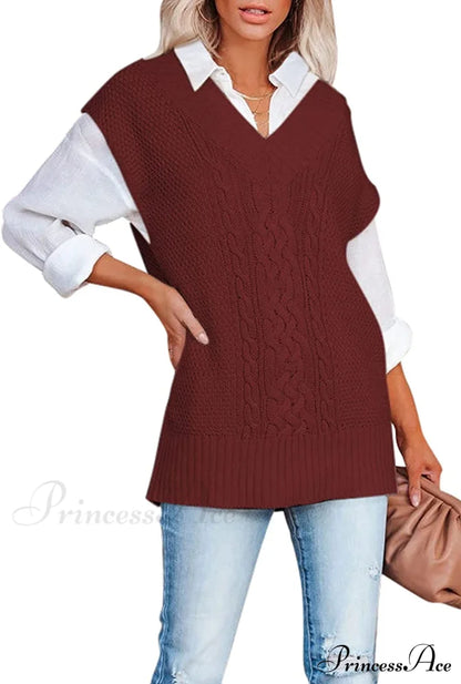 Women’s Oversized V Neck Knit Sweater Vest Tunic Sleeveless Pullover Top 2-Red / Medium Sweaters-L