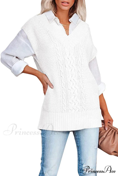 Women’s Oversized V Neck Knit Sweater Vest Tunic Sleeveless Pullover Top 2-White / Large Sweaters-L