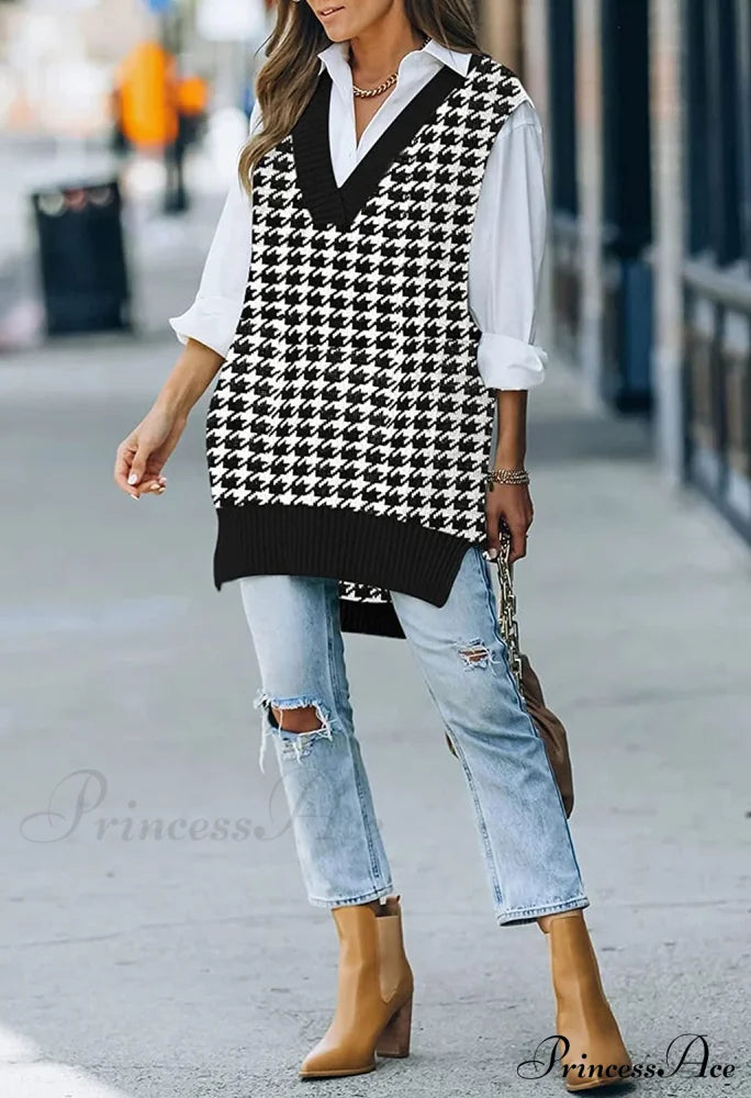 Women’s Oversized V Neck Knit Sweater Vest Tunic Sleeveless Pullover Top Sweaters-L