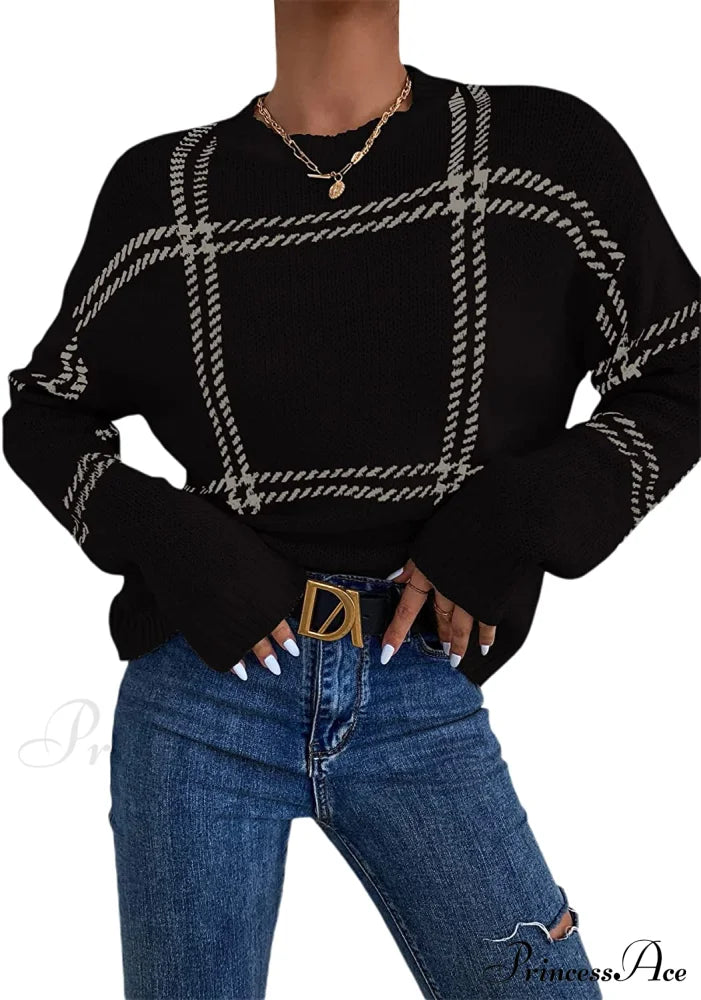 Women’s Plaid Long Sleeve Crewneck Pullover Top Sweater Black / Medium Sweaters-L