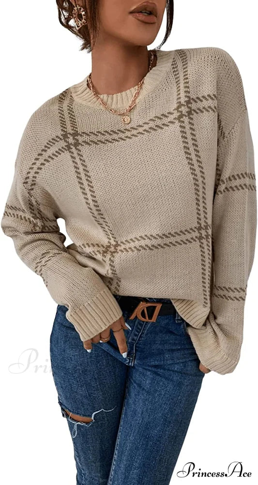 Women’s Plaid Long Sleeve Crewneck Pullover Top Sweater Khaki / Medium Sweaters-L