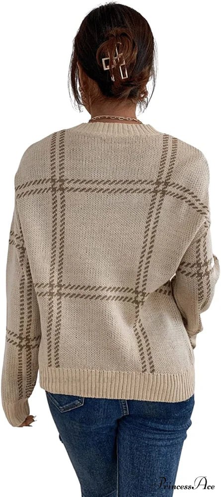 Women’s Plaid Long Sleeve Crewneck Pullover Top Sweater Sweaters-L