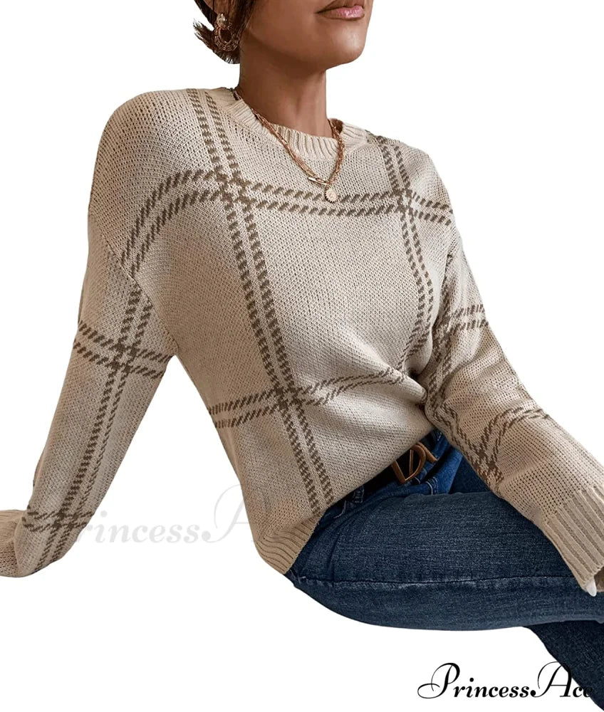 Women’s Plaid Long Sleeve Crewneck Pullover Top Sweater Sweaters-L