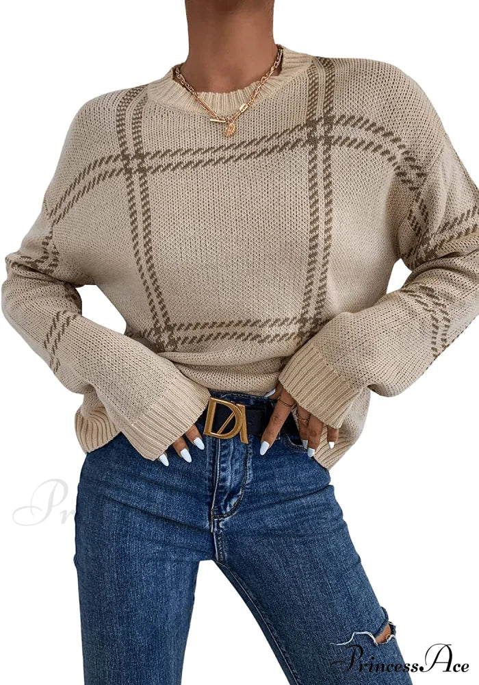 Women’s Plaid Long Sleeve Crewneck Pullover Top Sweater Sweaters-L