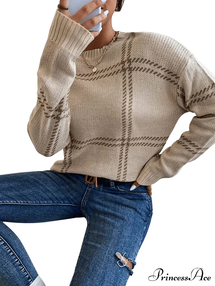 Women’s Plaid Long Sleeve Crewneck Pullover Top Sweater Sweaters-L