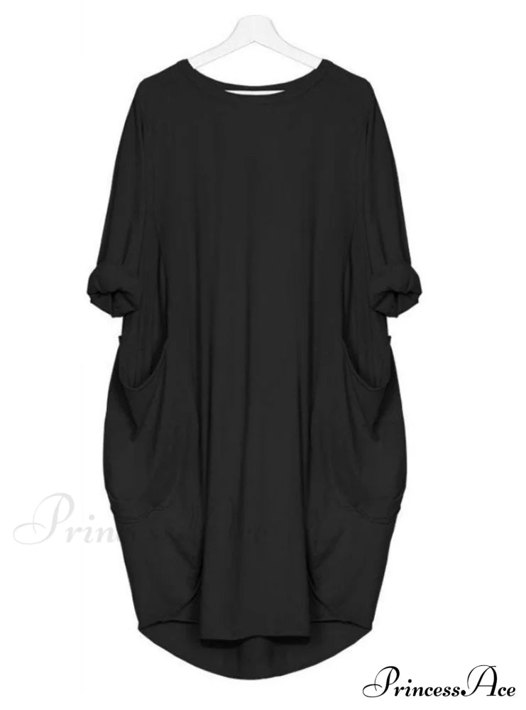 Womens Pocket Loose Dress Crew Neck S / Black Dresses