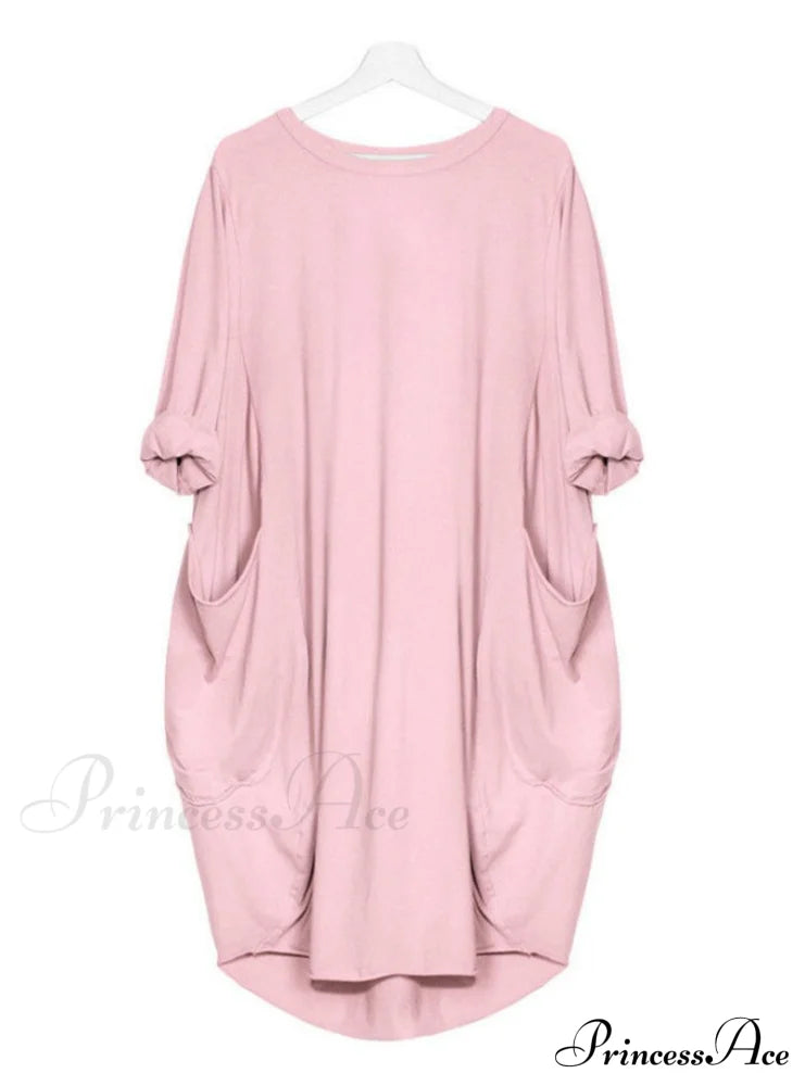 Womens Pocket Loose Dress Crew Neck S / Pink Dresses