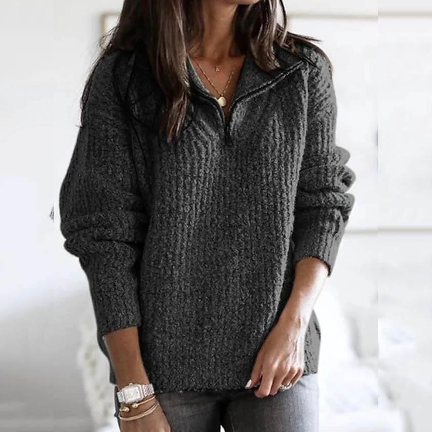 Women's Pullover Sweater Zipper Solid Color Basic Casual Long Sleeve Sweater Cardigans Gray clothes refund_fee:1200 tops