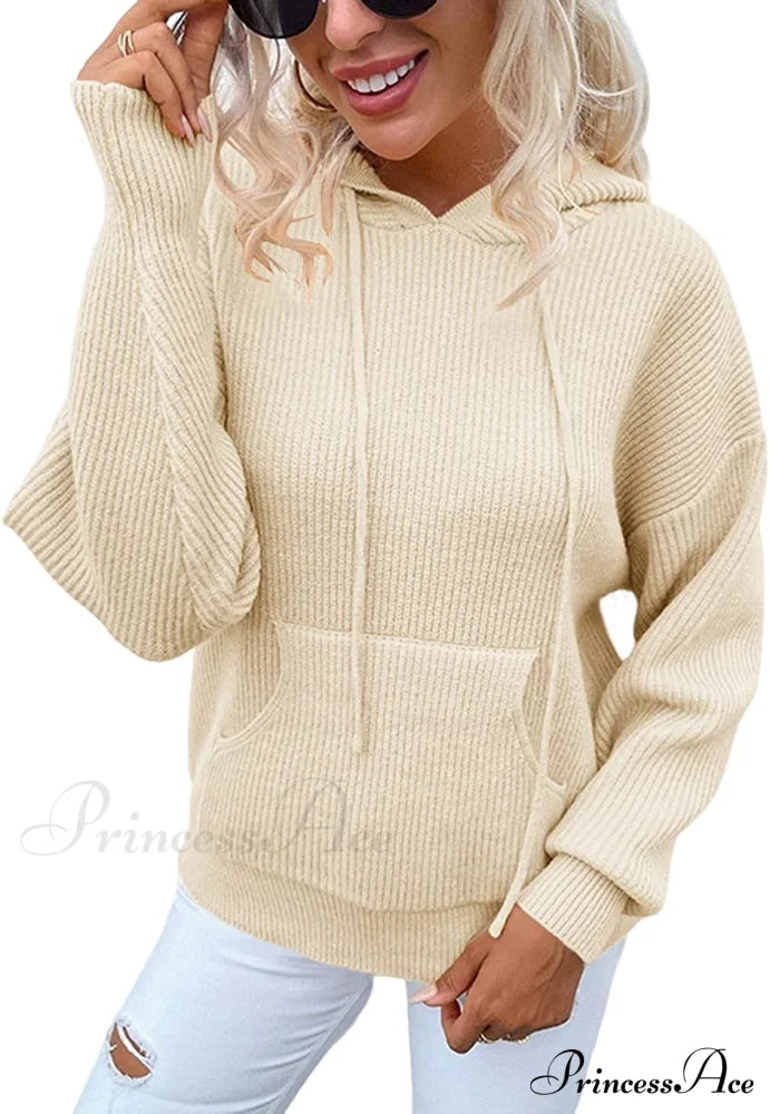 Women’s Rib-Knit Hooded Sweaters Cozy Drawstring Pullover Beige / X-Large Sweaters-L