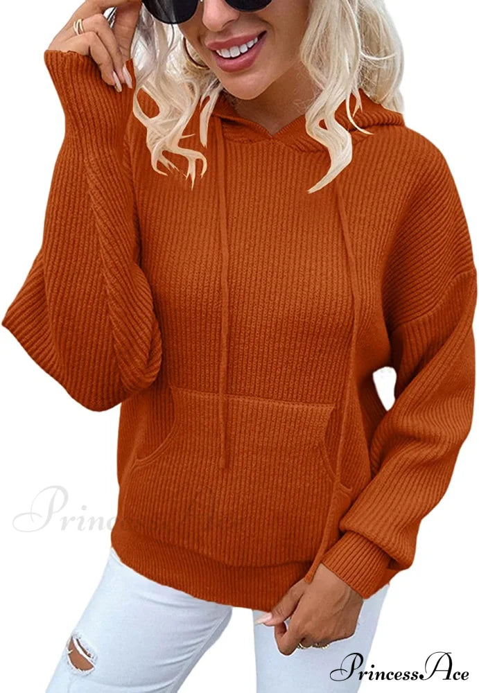 Women’s Rib-Knit Hooded Sweaters Cozy Drawstring Pullover Brown / Xx-Large Sweaters-L