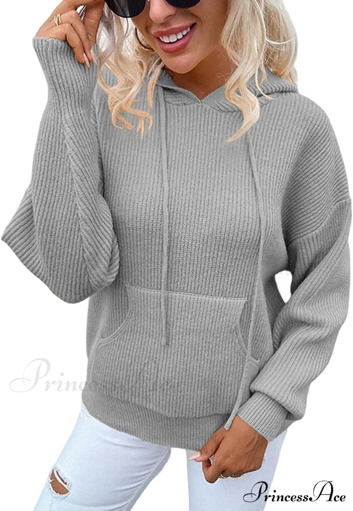 Women’s Rib-Knit Hooded Sweaters Cozy Drawstring Pullover Gray / Small Sweaters-L