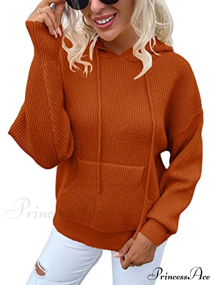 Women’s Rib-Knit Hooded Sweaters Cozy Drawstring Pullover Sweaters-L