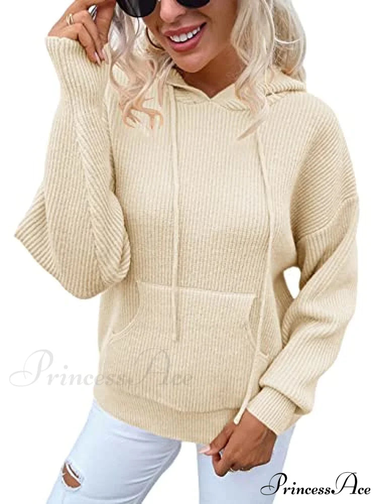 Women’s Rib-Knit Hooded Sweaters Cozy Drawstring Pullover Sweaters-L