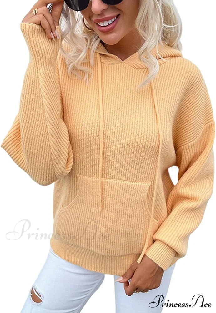 Women’s Rib-Knit Hooded Sweaters Cozy Drawstring Pullover Orange / Small Sweaters-L