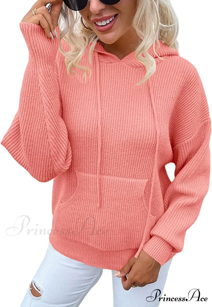 Women’s Rib-Knit Hooded Sweaters Cozy Drawstring Pullover Pink / Xx-Large Sweaters-L