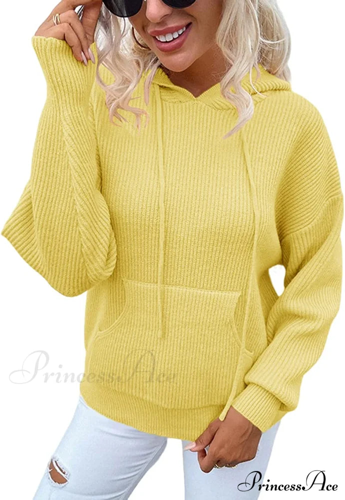 Women’s Rib-Knit Hooded Sweaters Cozy Drawstring Pullover Yellow / Large Sweaters-L