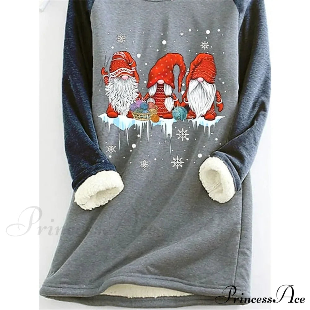 Women’s Round Christmas Neck Fleece Long Sweatshirt - Sherpa Graphic Gray Green Teddy Pink Sleeve