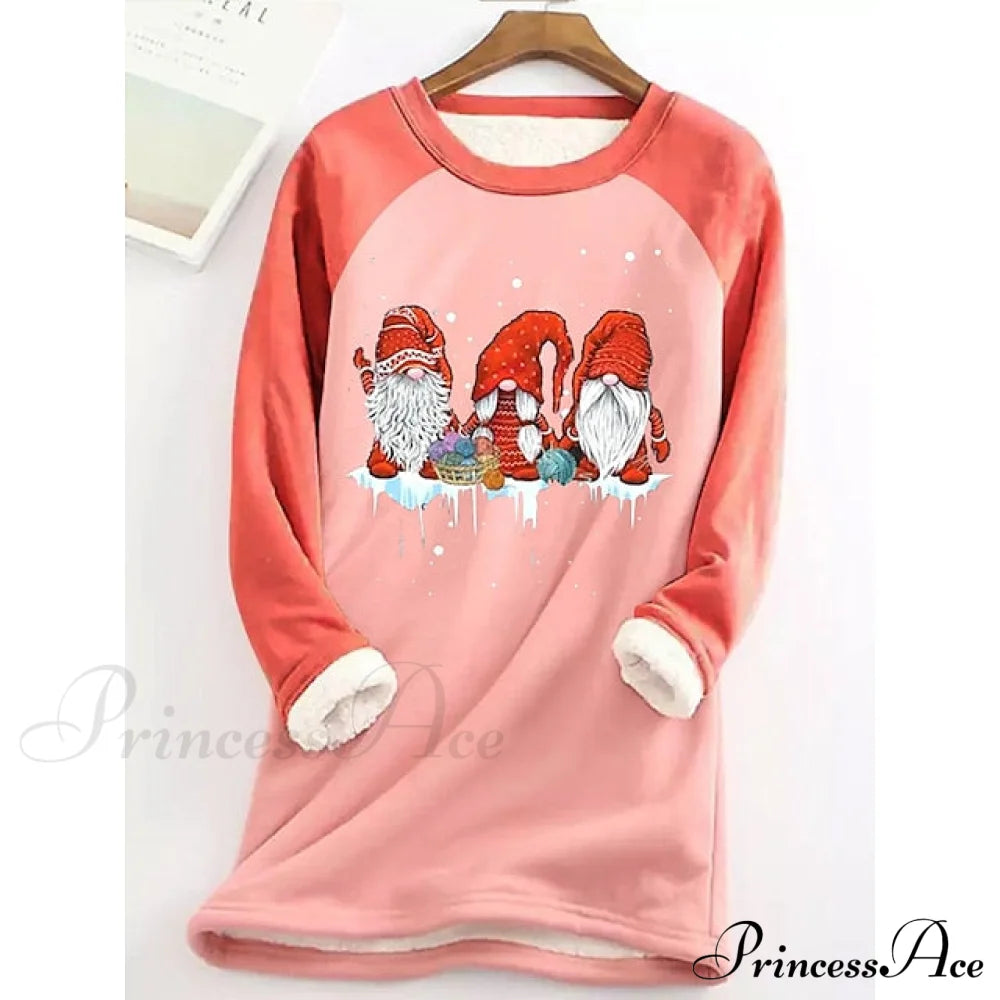 Women’s Round Christmas Neck Fleece Long Sweatshirt - Sherpa Graphic Gray Green Teddy Pink Sleeve