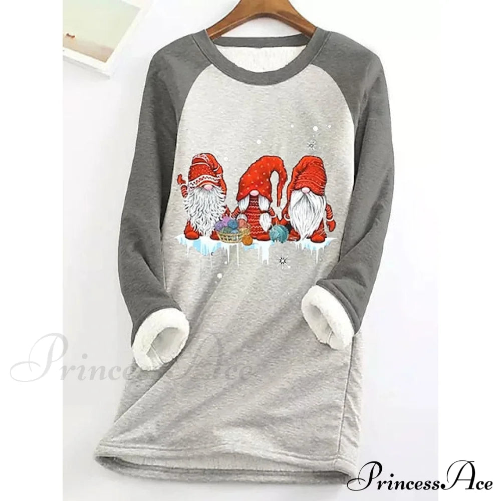 Women’s Round Christmas Neck Fleece Long Sweatshirt - Sherpa Graphic Gray Green Teddy Pink Sleeve