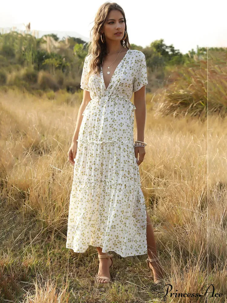 Women’s Ruffle Floral Bohemian Dress For Vacation White Floral Maxi Dress