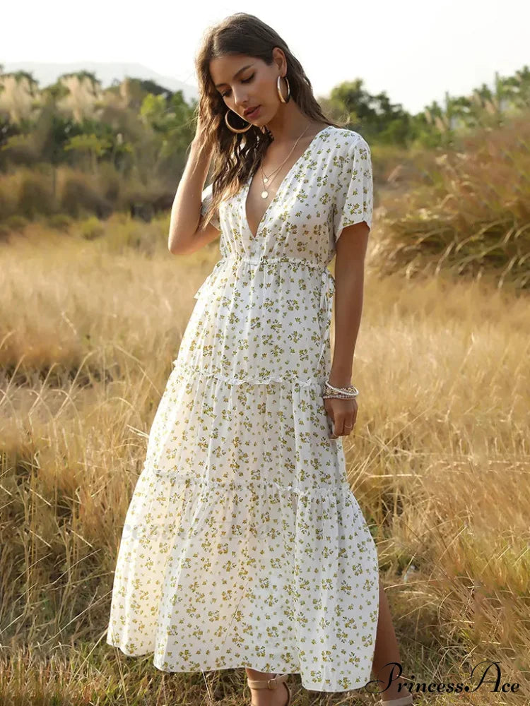 Women’s Ruffle Floral Bohemian Dress For Vacation White Floral Maxi Dress