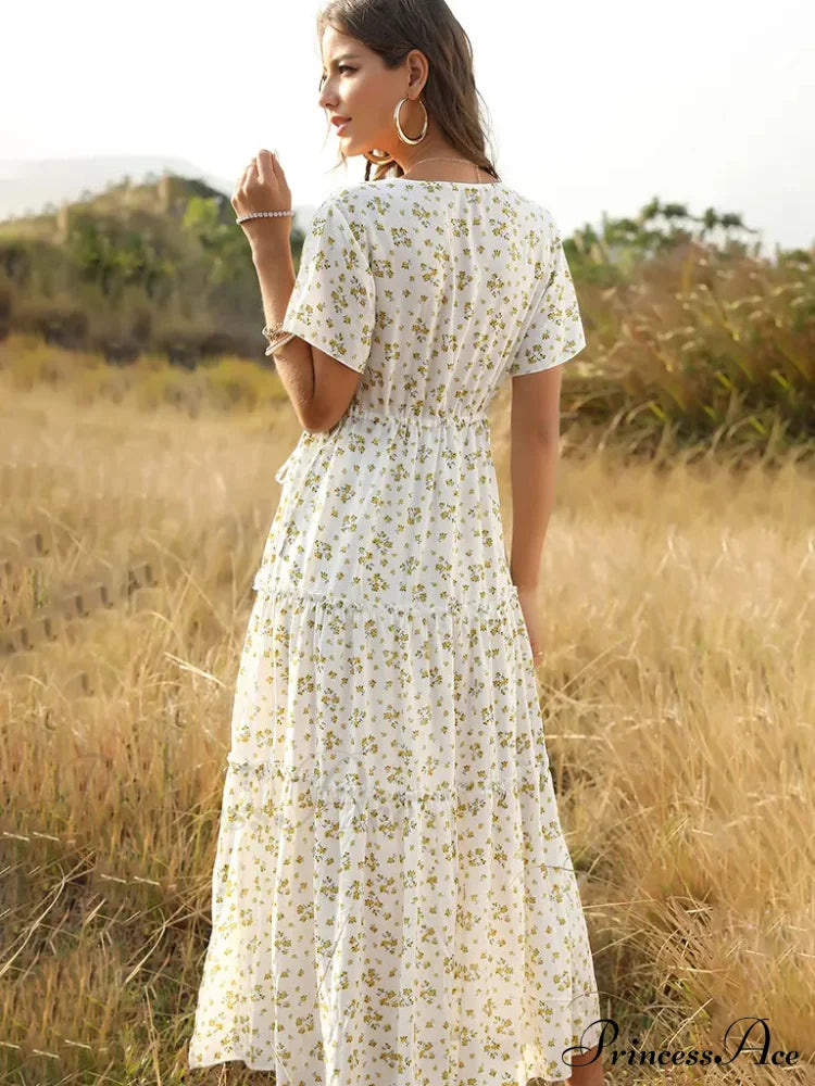 Women’s Ruffle Floral Bohemian Dress For Vacation White Floral Maxi Dress