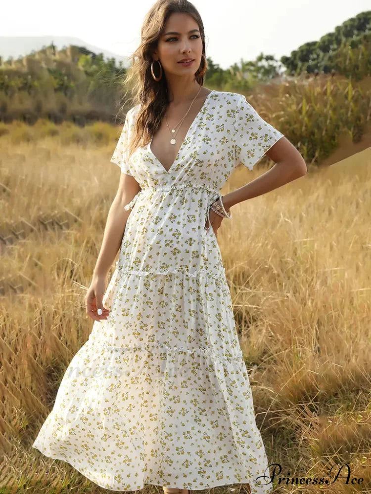 Women’s Ruffle Floral Bohemian Dress For Vacation White Floral Maxi Dress