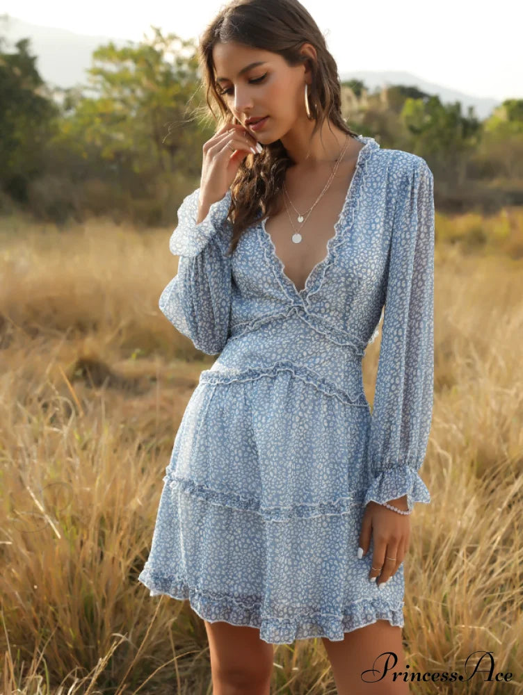 Women’s Ruffles Chiffon Boho V-Neck Mini Beach Dress With Long Lantern Sleeves M / Blue Dresses