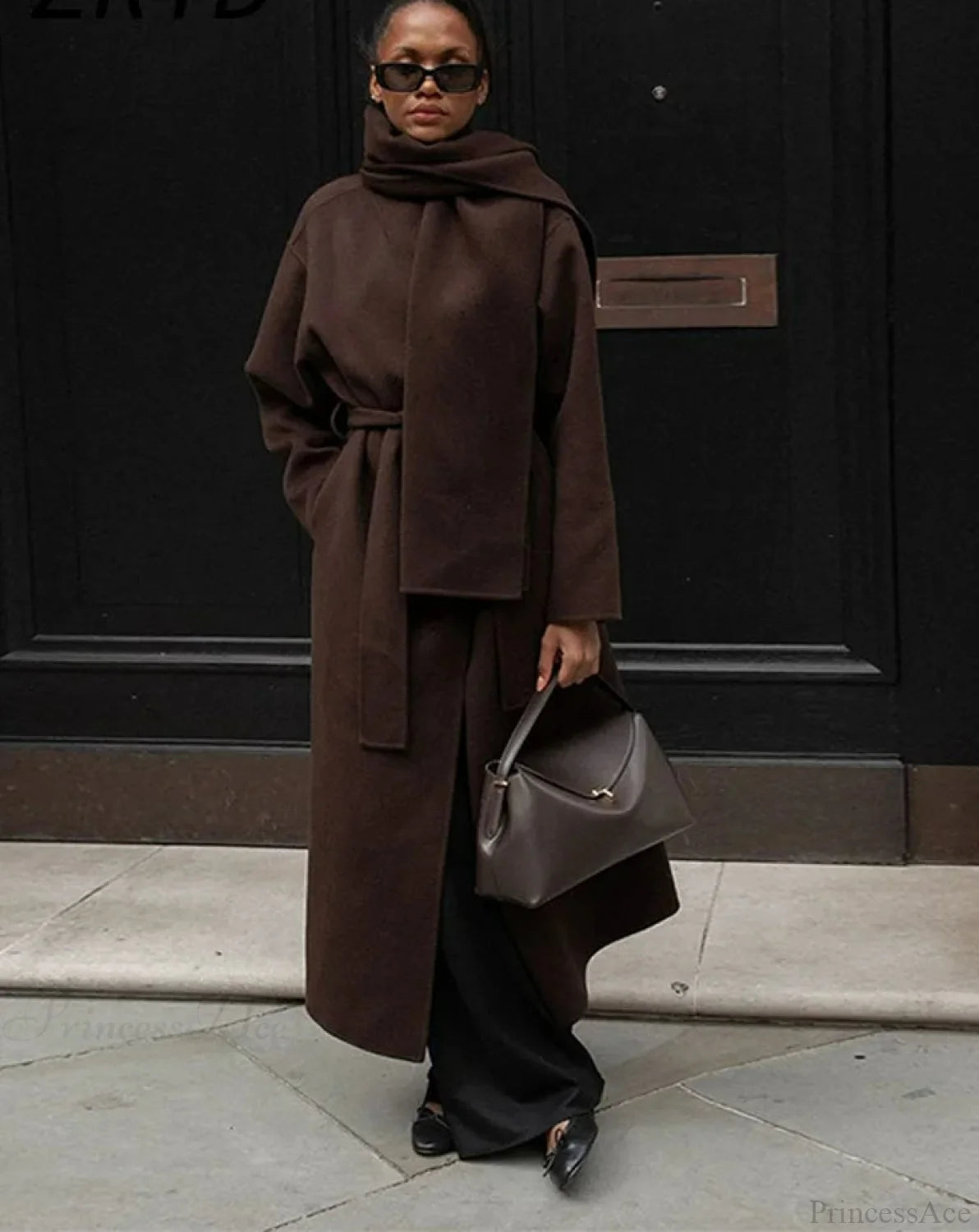 Women’s Scarf Collar Woolen Belted Overcoat