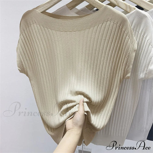 Women’s Short-Sleeved Silk Knitted Bat-Sleeved Sweater Ice Black Top