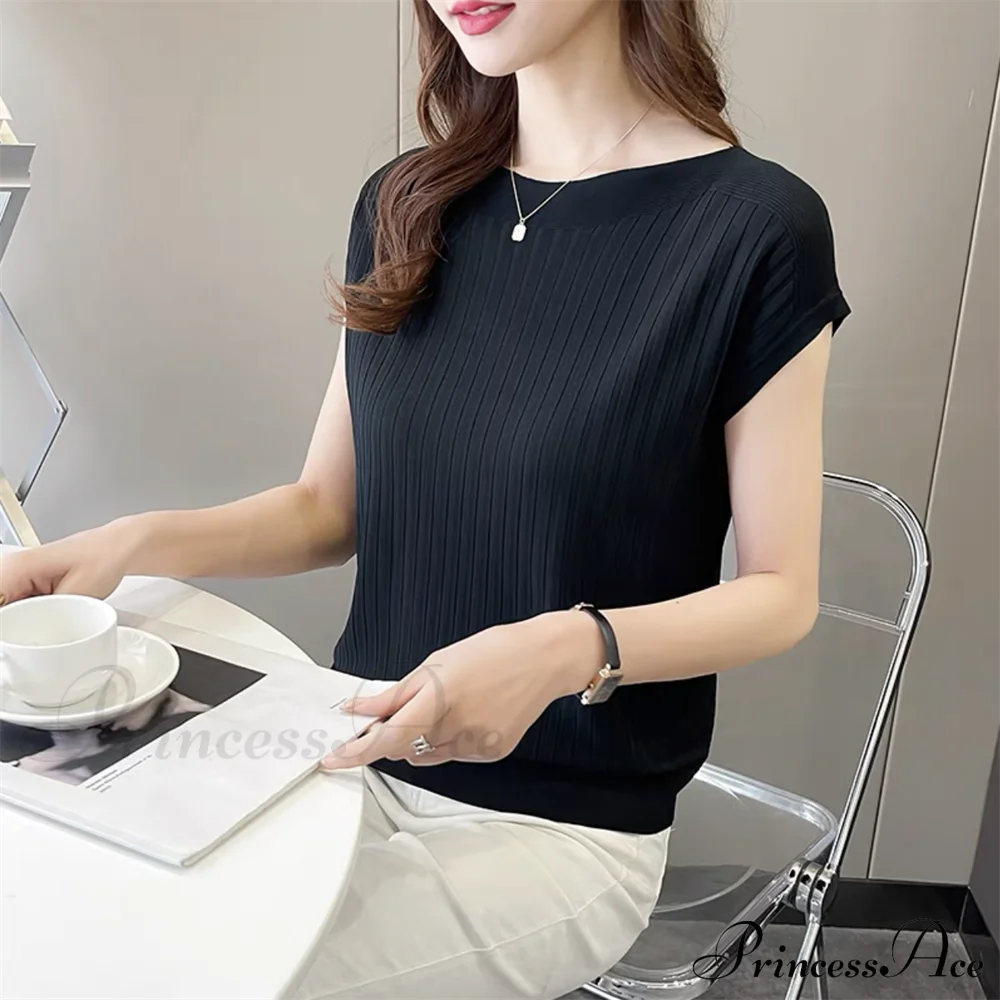 Women’s Short-Sleeved Silk Knitted Bat-Sleeved Sweater Ice Black Top