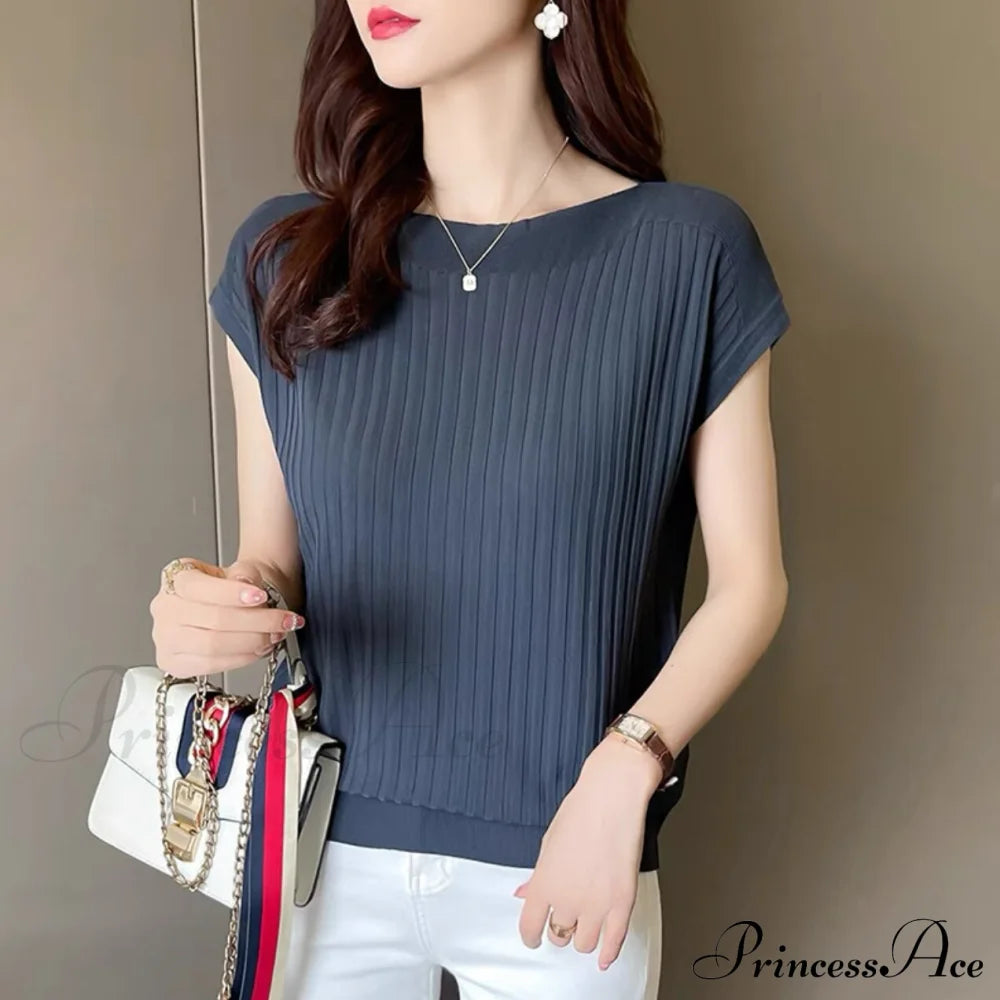 Women’s Short-Sleeved Silk Knitted Bat-Sleeved Sweater Ice Black Top Blue Grey / S