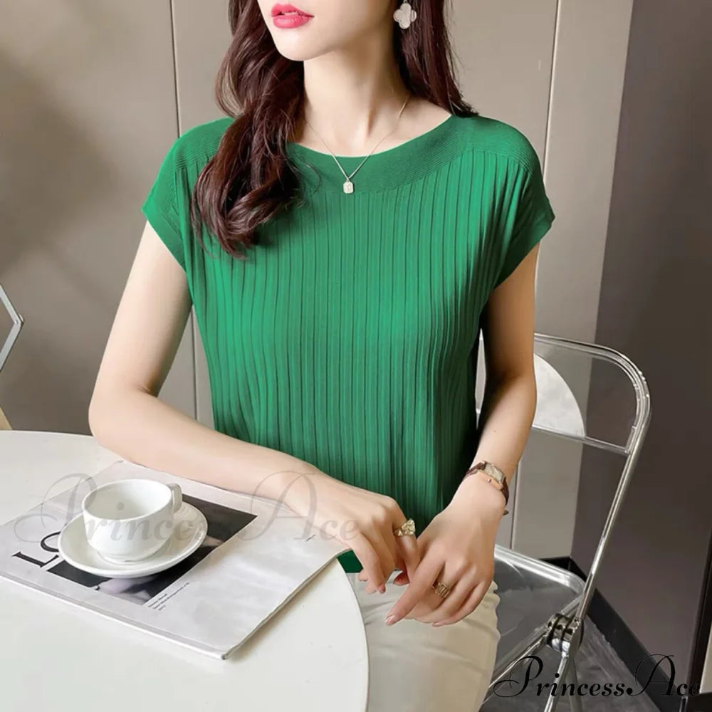 Women’s Short-Sleeved Silk Knitted Bat-Sleeved Sweater Ice Black Top Green / S