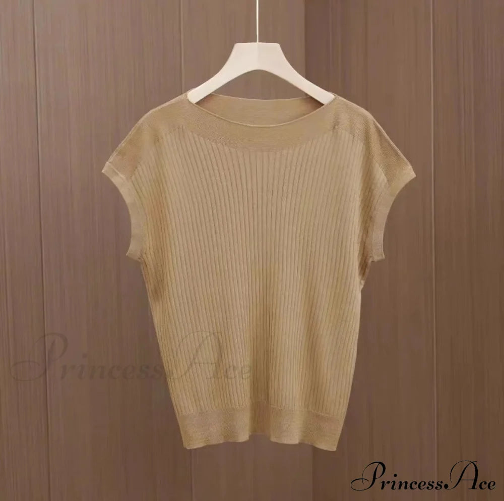 Women’s Short-Sleeved Silk Knitted Bat-Sleeved Sweater Ice Black Top Khaki / S