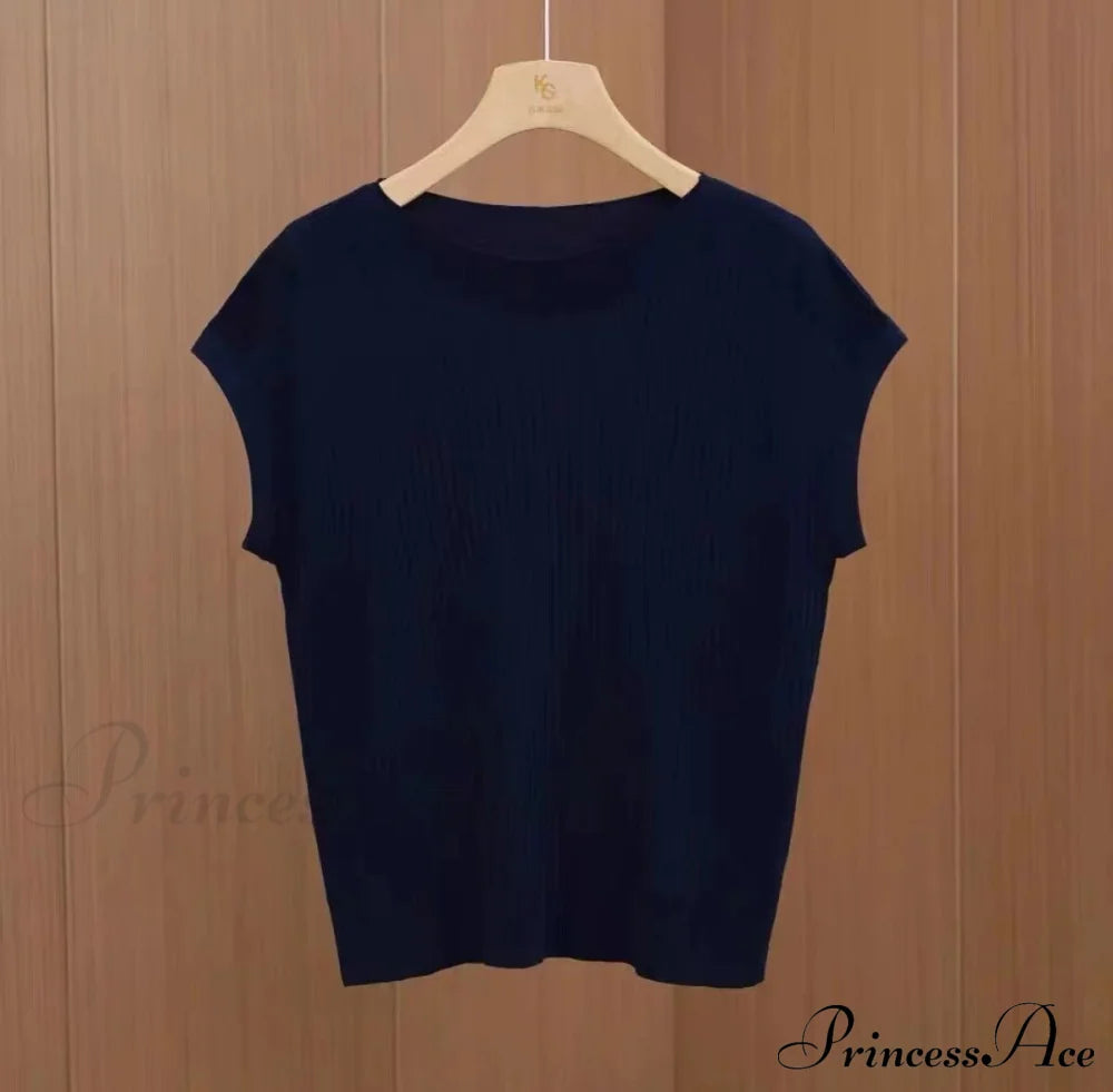 Women’s Short-Sleeved Silk Knitted Bat-Sleeved Sweater Ice Black Top Navy Blue / S