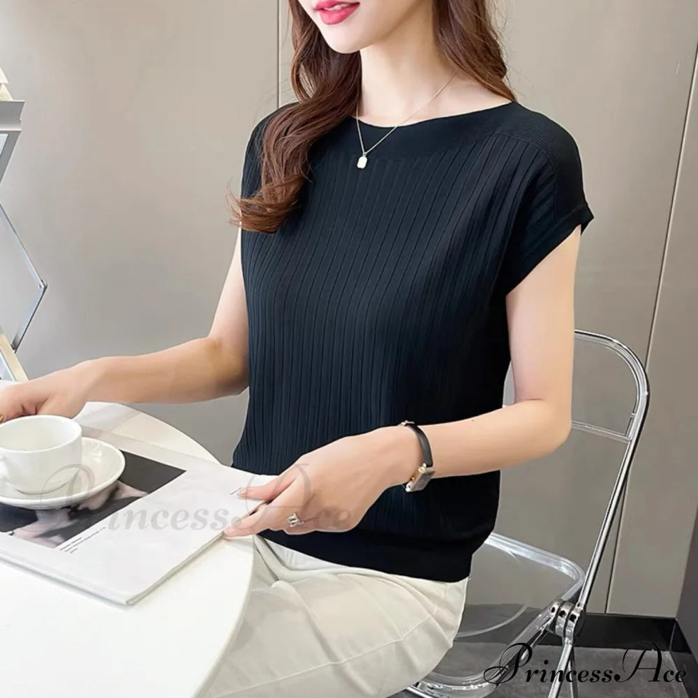 Women’s Short-Sleeved Silk Knitted Bat-Sleeved Sweater Ice Black Top / S