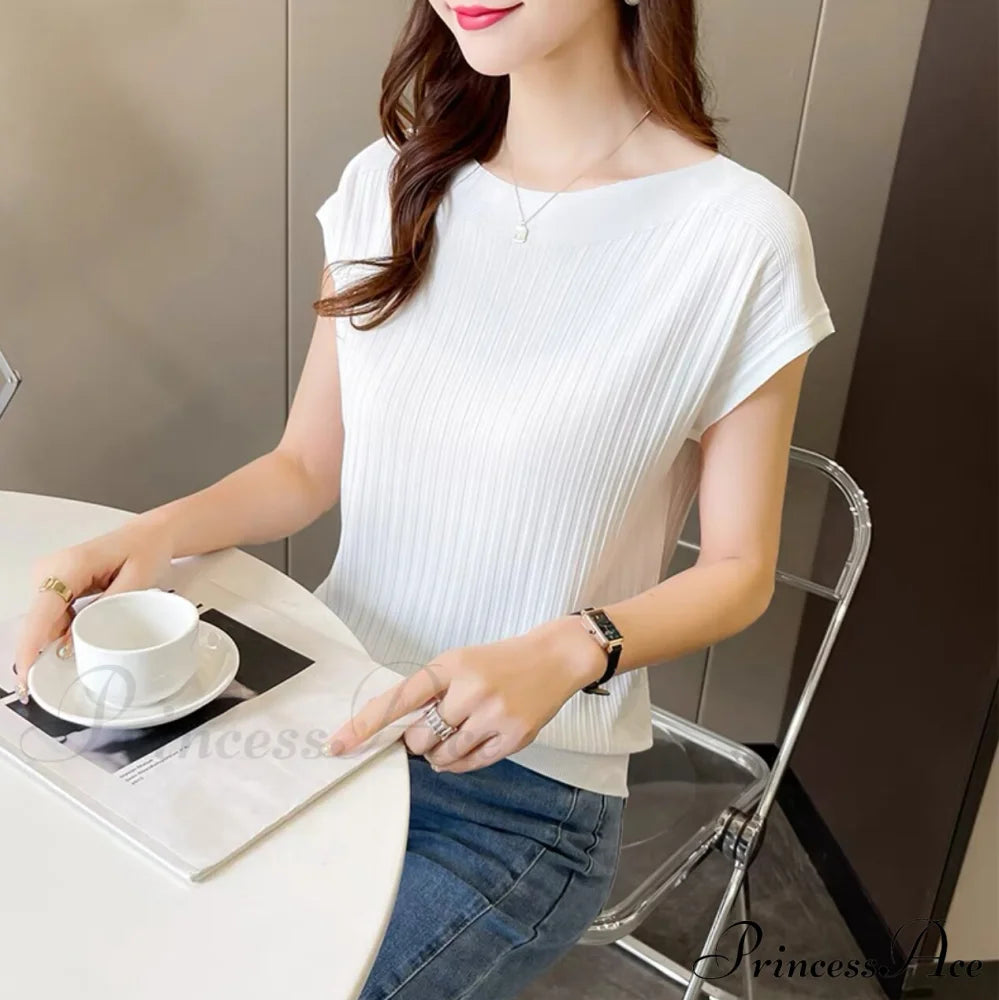 Women’s Short-Sleeved Silk Knitted Bat-Sleeved Sweater Ice Black Top White / S