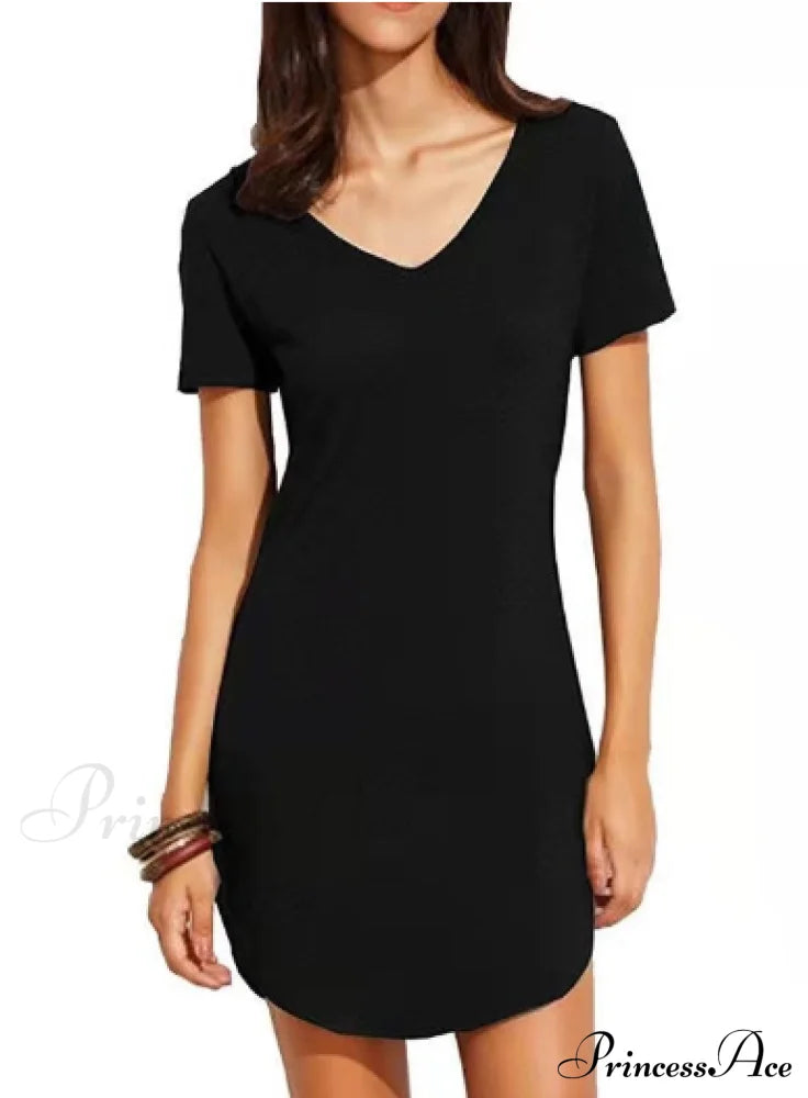 Women’s Short Sleeved V-Neck Solid Loose Dress S / Black Dresses