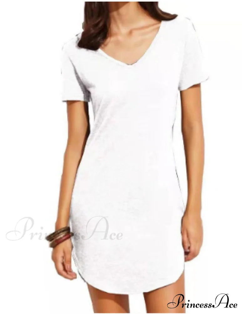 Women’s Short Sleeved V-Neck Solid Loose Dress S / White Dresses