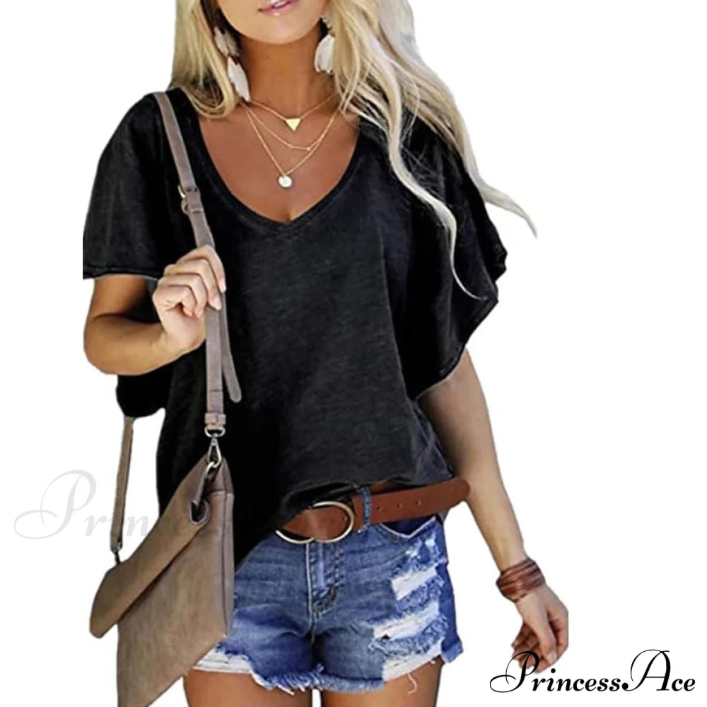 Women's T-Shirt Solid V-Neck Basic Casual Top Black __stock:200 clothes refund_fee:800 tops