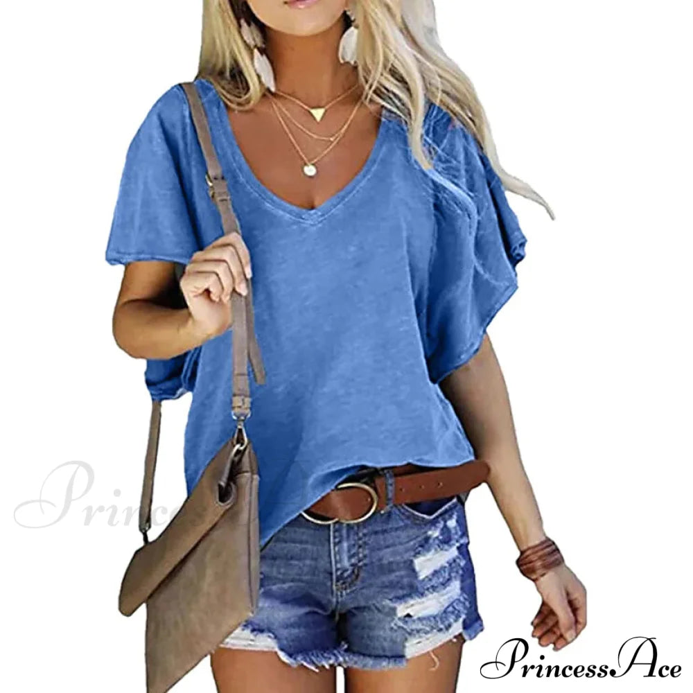 Women's T-Shirt Solid V-Neck Basic Casual Top Blue __stock:200 clothes refund_fee:800 tops