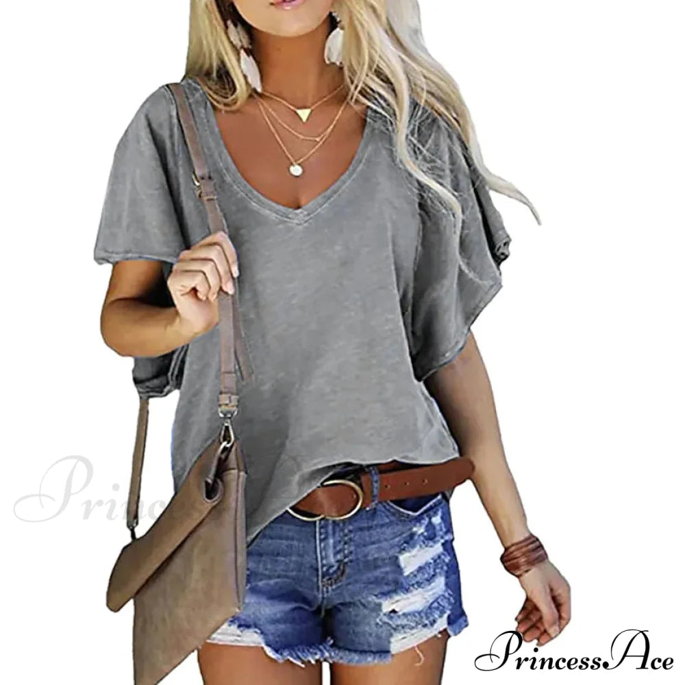 Women's T-Shirt Solid V-Neck Basic Casual Top Gray __stock:200 clothes refund_fee:800 tops