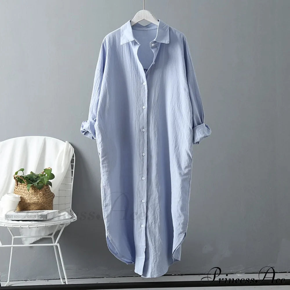 Women’s Spring/Autumn Arm - Fit Blouse Loose Casual Gown With Long Buttons Blue / S