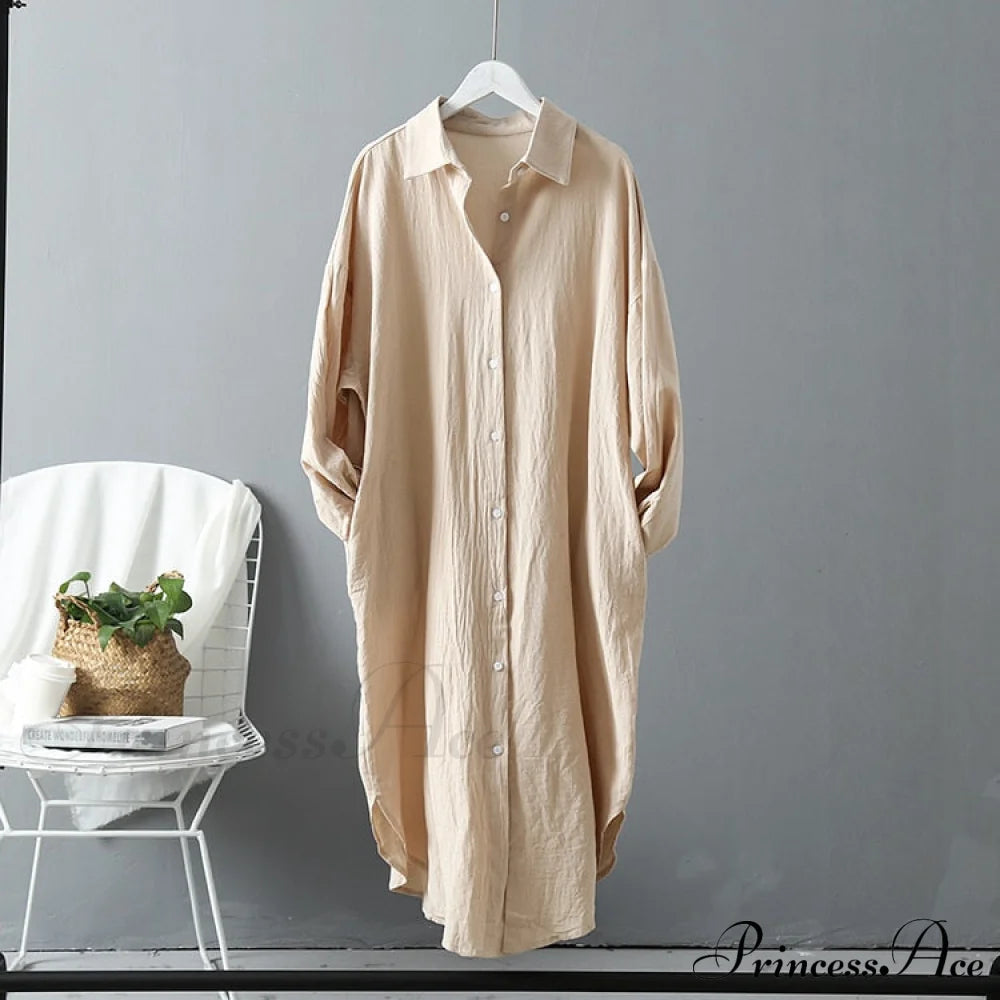 Women’s Spring/Autumn Arm - Fit Blouse Loose Casual Gown With Long Buttons Khaki / S