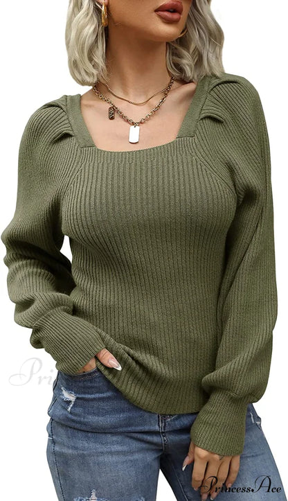 Women’s Square Neck Long Lantern Sleeve Sweater Army Green / Small Sweaters-L