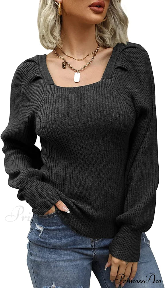 Women’s Square Neck Long Lantern Sleeve Sweater Black / Large Sweaters-L