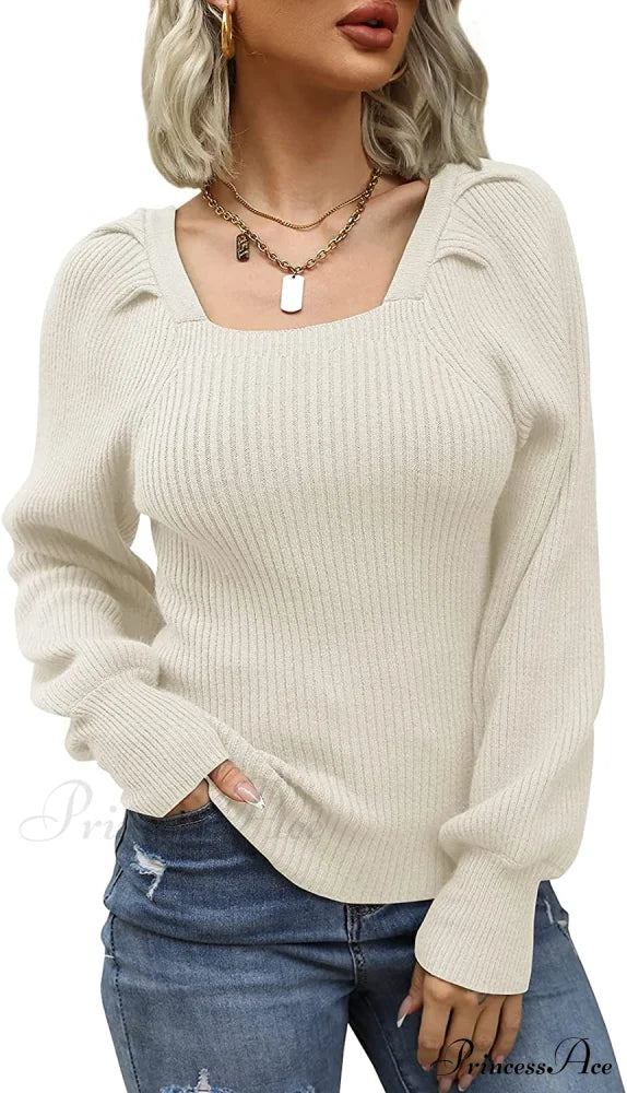 Women’s Square Neck Long Lantern Sleeve Sweater White / Medium Sweaters-L