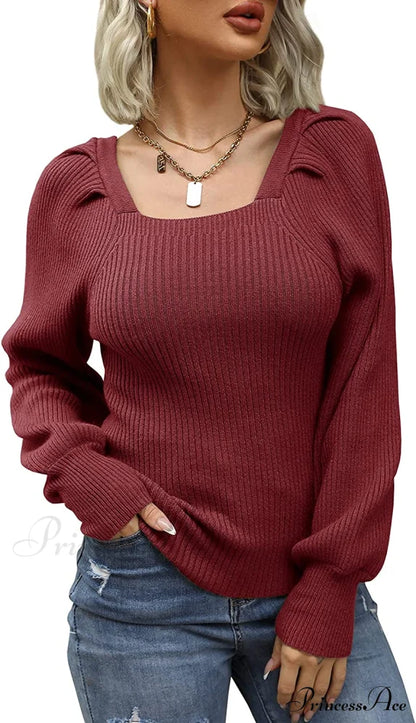 Women’s Square Neck Long Lantern Sleeve Sweater Wine Red / Large Sweaters-L